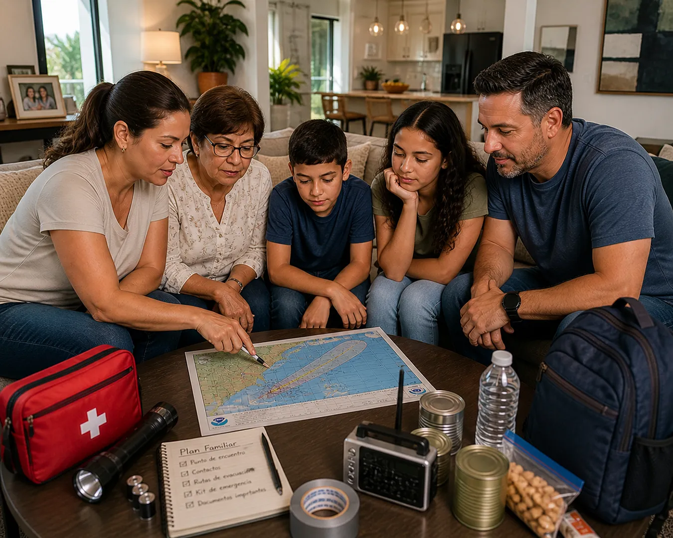 Imagen-Familia Familia rastreando la trayectoria de un huracán sobre el caribe.