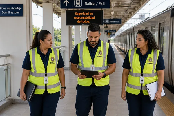 Trabajadores de NMEAD en área de tren urbano.